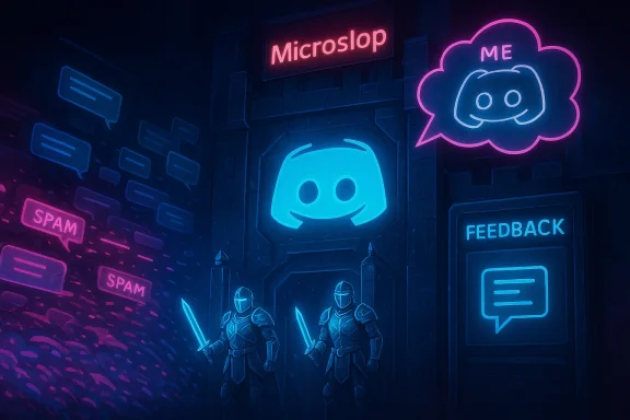 Neon-lit dungeon scene with two armored knights guarding a glowing Discord logo amid spam and feedback.