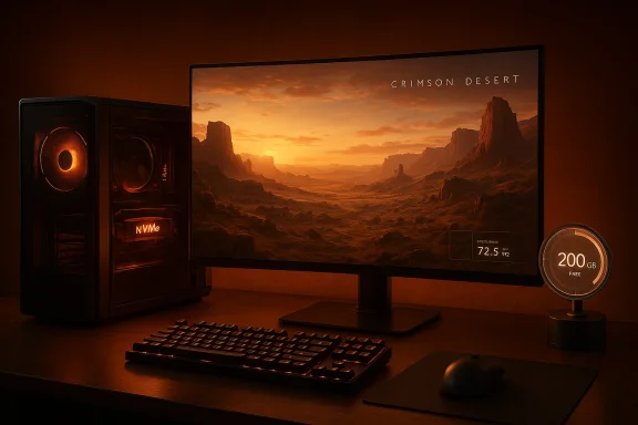 Orange-lit gaming setup with a PC tower, keyboard, mouse, and a monitor displaying Crimson Desert.