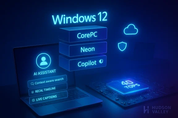 Blue holographic Windows 12 UI featuring CorePC, Neon and Copilot.