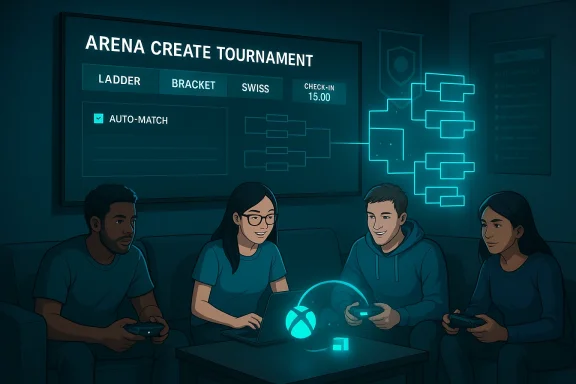 Four players in a blue-lit room compete in an Arena Create Tournament.