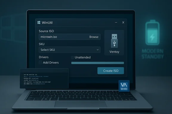 A laptop displays WinUtil ISO creator UI with source ISO, SKU selector, and a Create ISO button.