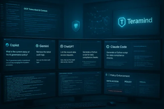 Dark tech room with multiple screens displaying AI tools like Copilot, Gemini, ChatGPT, and Claude Code.