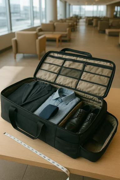 Open suitcase on a table, neatly packed with shirts, a tie, and dress shoes in a bright lounge.