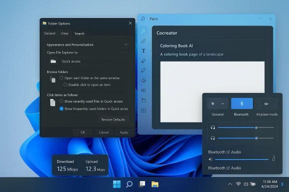 Windows desktop showing dark Folder Options, Paint, and a Bluetooth/audio panel over a blue wallpaper.