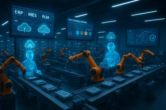 High-tech factory with orange robotic arms and holographic workers overseeing an automated assembly line.