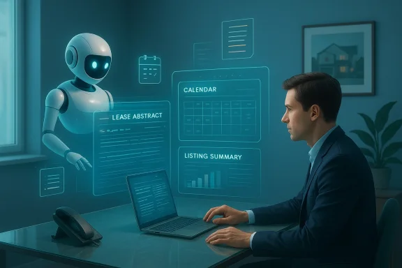 A man in a suit uses a holographic AI assistant and robot to review real estate listings.
