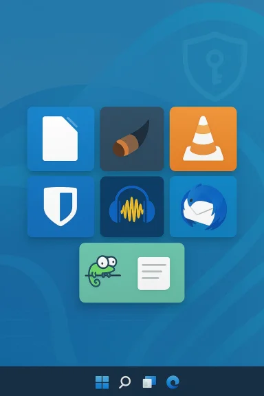 Blue desktop with a 3x3 grid of rounded app icons and a green widget showing a chameleon.