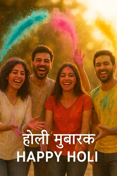 Four friends laugh as bright Holi powder arcs through the air, coating them in color.