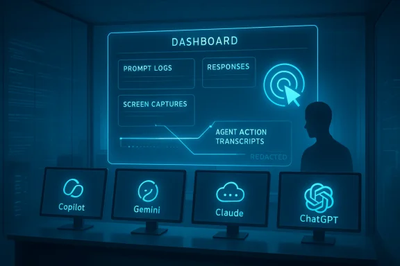 Neon blue dashboard shows prompt logs, responses, and transcripts with four monitors: Copilot, Gemini, Claude, ChatGPT.
