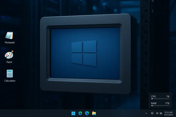 Windows desktop wallpaper featuring a server rack and a Windows logo on a monitor with left-side icons.
