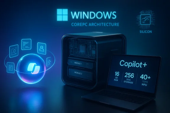 Futuristic Windows CorePC hardware featuring a modular server, Copilot+ display, and silicon tech.