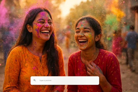 Two friends laugh joyfully, their faces and outfits smeared with vibrant Holi colors.