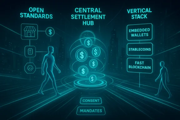 Futuristic diagram of a central settlement hub connecting open standards, wallets, and fast blockchain.