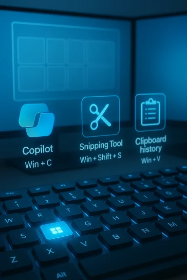 Blue holographic Windows tool icons hover above a keyboard, showing Copilot, Snipping Tool, and Clipboard history.