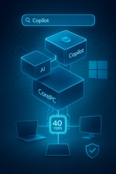 Neon schematic of AI Copilot powering CorePC blocks to deliver 40 TOPS across devices.