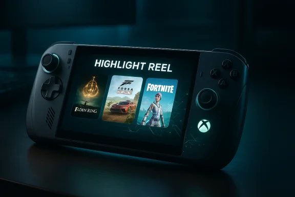 A handheld gaming console shows a “Highlight Reel” with Elden Ring, Forza Horizon, and Fortnite.