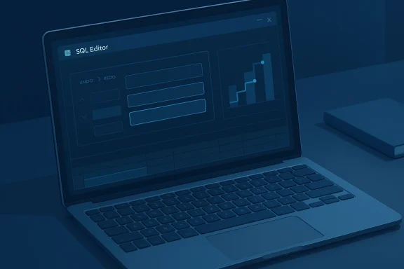 Blue-tinted laptop screen showing an SQL Editor interface with charts.