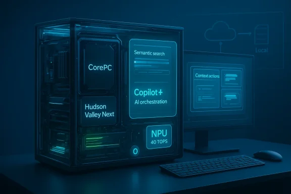 Blue-lit futuristic AI workstation with labeled components like CorePC, Copilot+, and NPU.