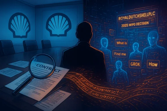 A man reviews a contract as a holographic Shell briefing reveals a 2005 WIPO decision.