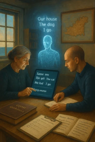Two people study a tablet as a blue holographic figure and map glow in a dim room.
