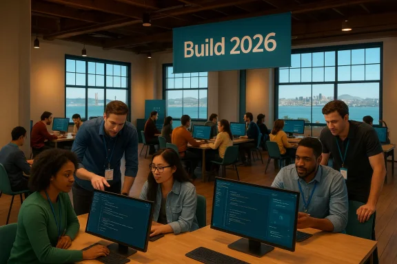 Teams coding at a bright coworking space under a Build 2026 banner overlooking the city.
