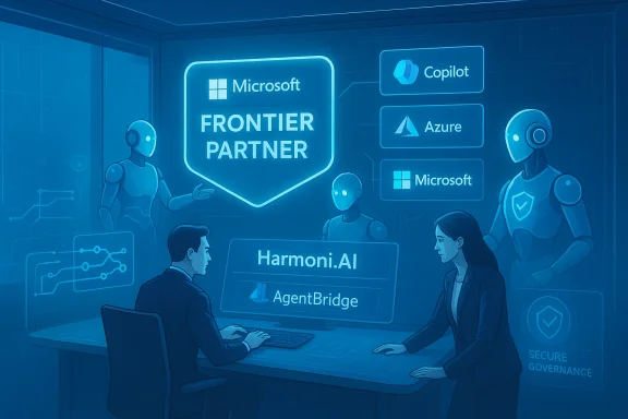 A futuristic briefing room showcasing Microsoft Frontier Partner with AI and robotic assistants.