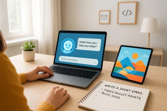 Person chats with a virtual assistant on a laptop, beside a tablet displaying art and a notebook.