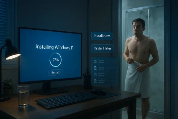 A computer screen shows Windows 11 installing at 75%, as a bare-chested man in a towel stands in a bathroom doorway.