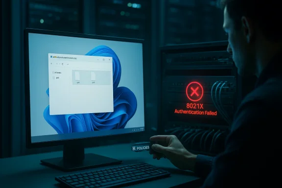 A technician monitors a Windows desktop in a data center as a red 8021X Authentication Failed alert glows on the server.