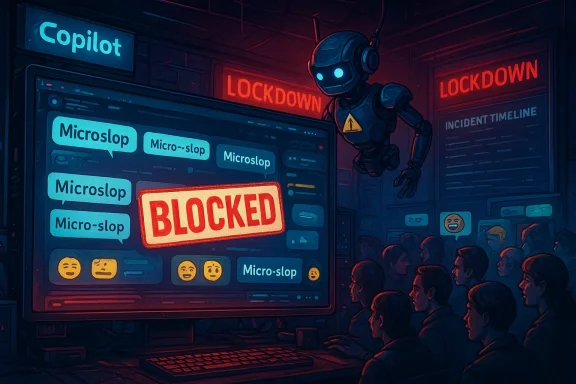 A hovering robot watches a crowd as a neon BLOCKED sign signals lockdown. A hovering robot watches a crowd as a neon BLOCKED sign signals lockdown.