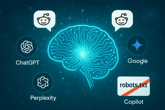 Glowing digital brain at the center, surrounded by AI logos like ChatGPT, Google, Copilot, and Perplexity.