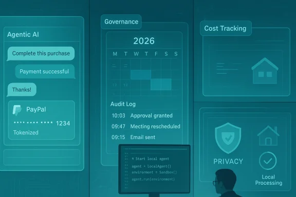 Futuristic UI panels depict Agentic AI chat, governance calendar, cost tracking and privacy.