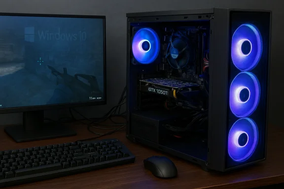 A gaming PC with blue LED fans sits beside a Windows 10 monitor on a wooden desk.