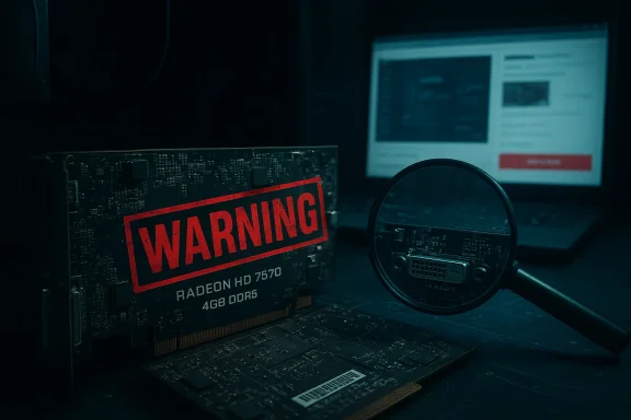 Radeon HD 7570 GPU with a bold red WARNING label, under a magnifying glass in a dark tech setup.