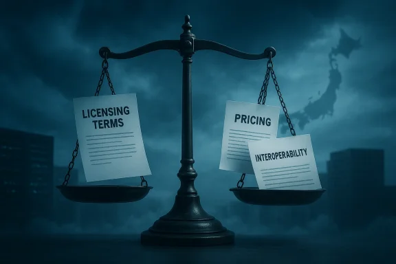 A balance scale compares licensing terms with pricing and interoperability.