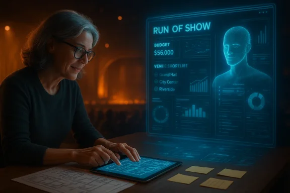 An older woman uses a tablet with a glowing blue holographic run-of-show display.