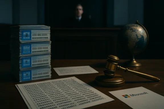 Gavel, globe, and stacks of case files on a courtroom desk with a judge in the background.