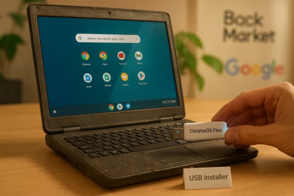 A hand holds a ChromeOS Flex USB installer beside a laptop displaying Google apps.