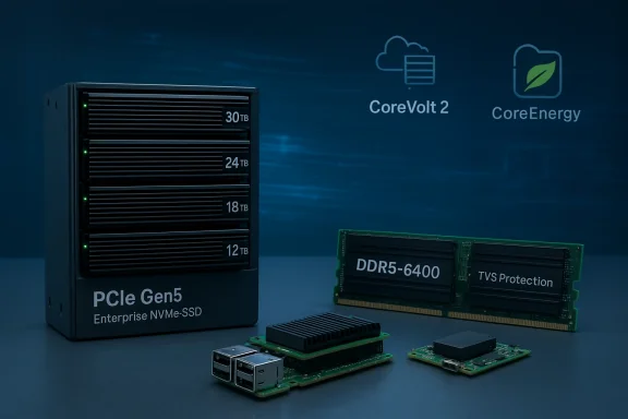 PCIe Gen5 Enterprise NVMe-SSD rack holding 30TB, 24TB, 18TB and 12TB drives, with DDR5-6400 RAM nearby.