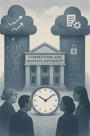 People stand before the Competition and Markets Authority building as cloud icons with data and gears loom overhead.