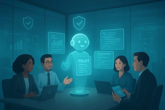 Team discusses policy with a glowing holographic AI assistant in a futuristic conference room.