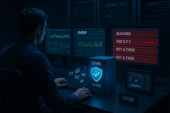 Cybersecurity analyst monitors servers as a blue shield signals protection and blocked alerts flash on red screens.