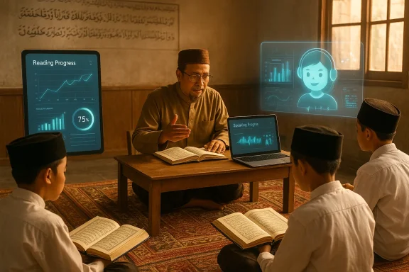 An imam teaches boys in a mosque, using holographic screens and a laptop for reading progress.
