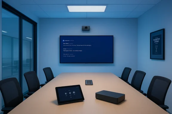 A modern conference room with a long table, wall screen, tablet, and surrounding chairs.