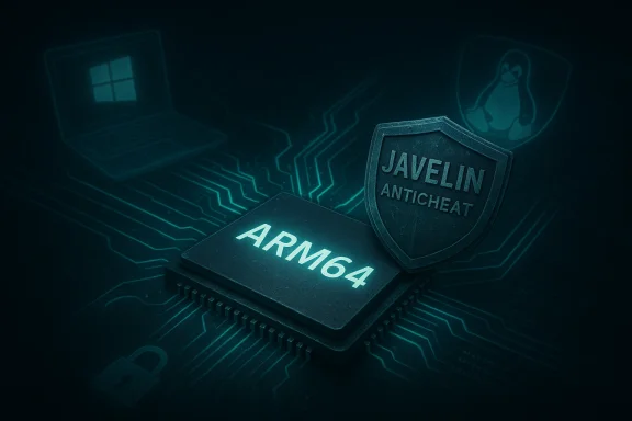 ARM64 chip with a Javelin Anticheat shield on a circuit board, Linux penguin and Windows logo in the background.