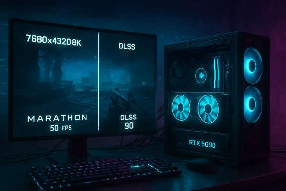Neon-lit gaming setup with RTX 5090, showcasing 8K DLSS benchmarks on a high-end monitor.