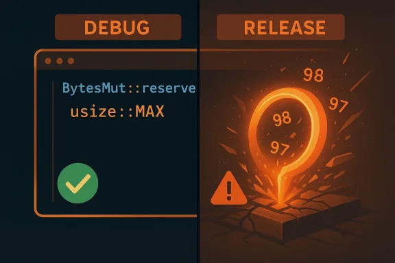 Split-screen: Debug on the left with code and a green check, Release on the right with a fiery ring and warning.