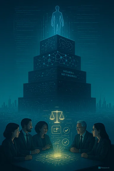 A team of professionals gathers around a glowing AI hub beneath a neural networks pyramid.