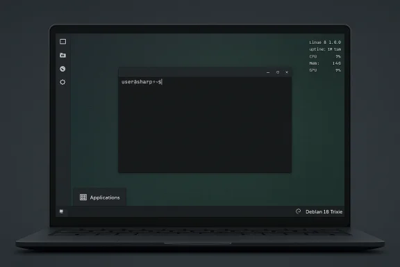 Laptop displaying a Debian 18 Trixie Linux desktop with a dark terminal window.