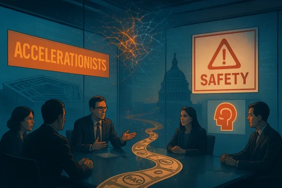 A boardroom discussion on accelerationists and safety, with a river of cash snaking across the table.